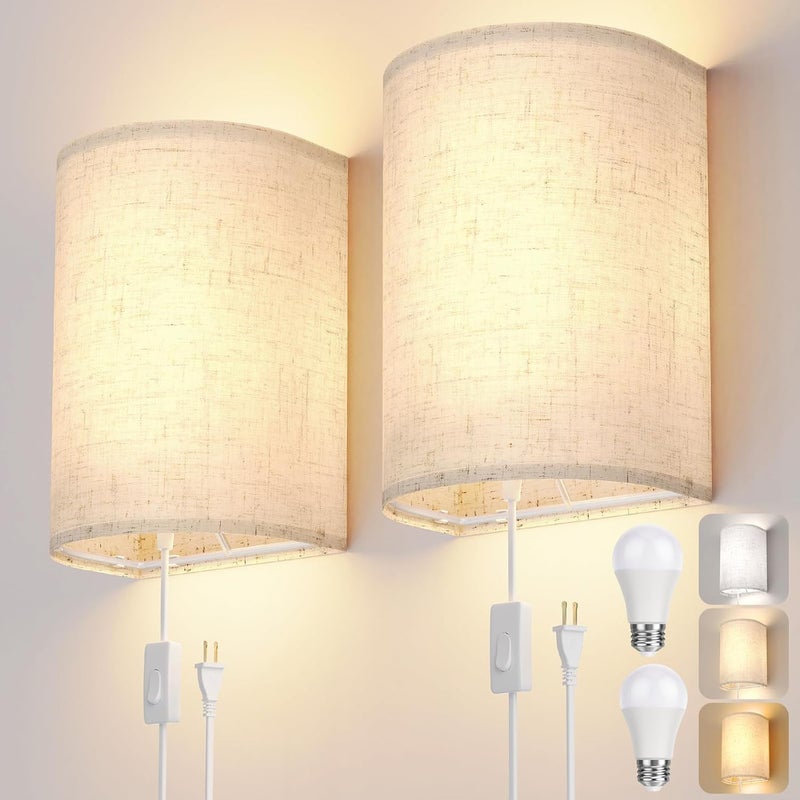 OCATO Plug in Wall Sconces Set of Two: Wall Light Wall Lamp with On/Off Switch 3000K 4500K 6000K Selectable Fixtures Fabric Linen Shade Wall Decor Wall Lights for Bedroom Living Room Hallway Indoor - Image 1